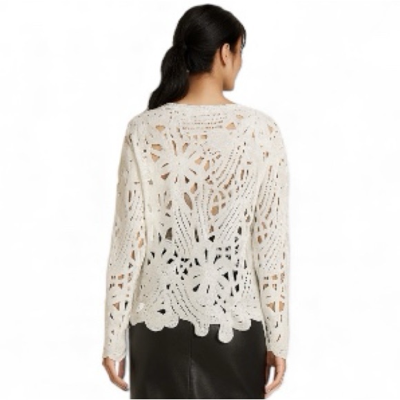 WD·NY Ivory Openwork Crochet Sweater Scalloped Hem Boho Romantic M Holiday Gift - Picture 6 of 11